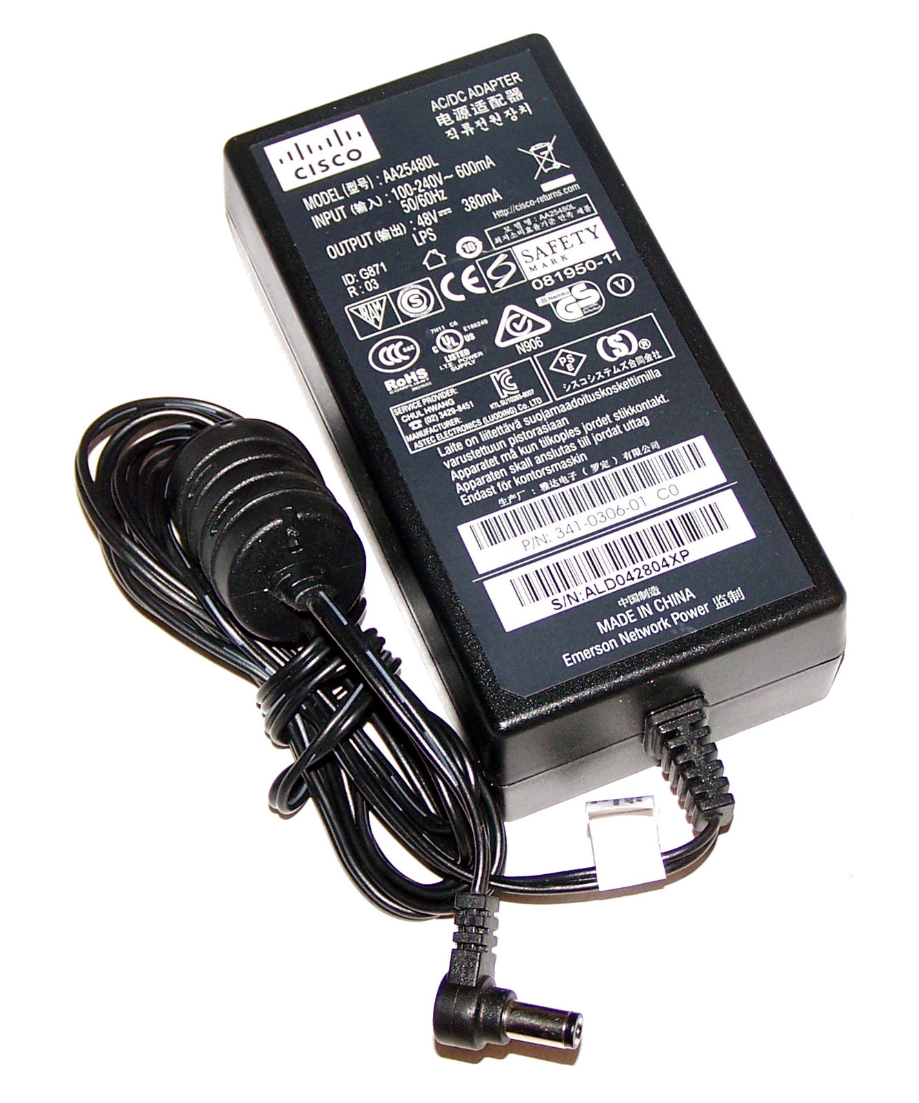 Brand New 48VDC 0.38A AA25480L AC Adapter for Cisco 341-0306-01 VOIP Telephone Specification: Br